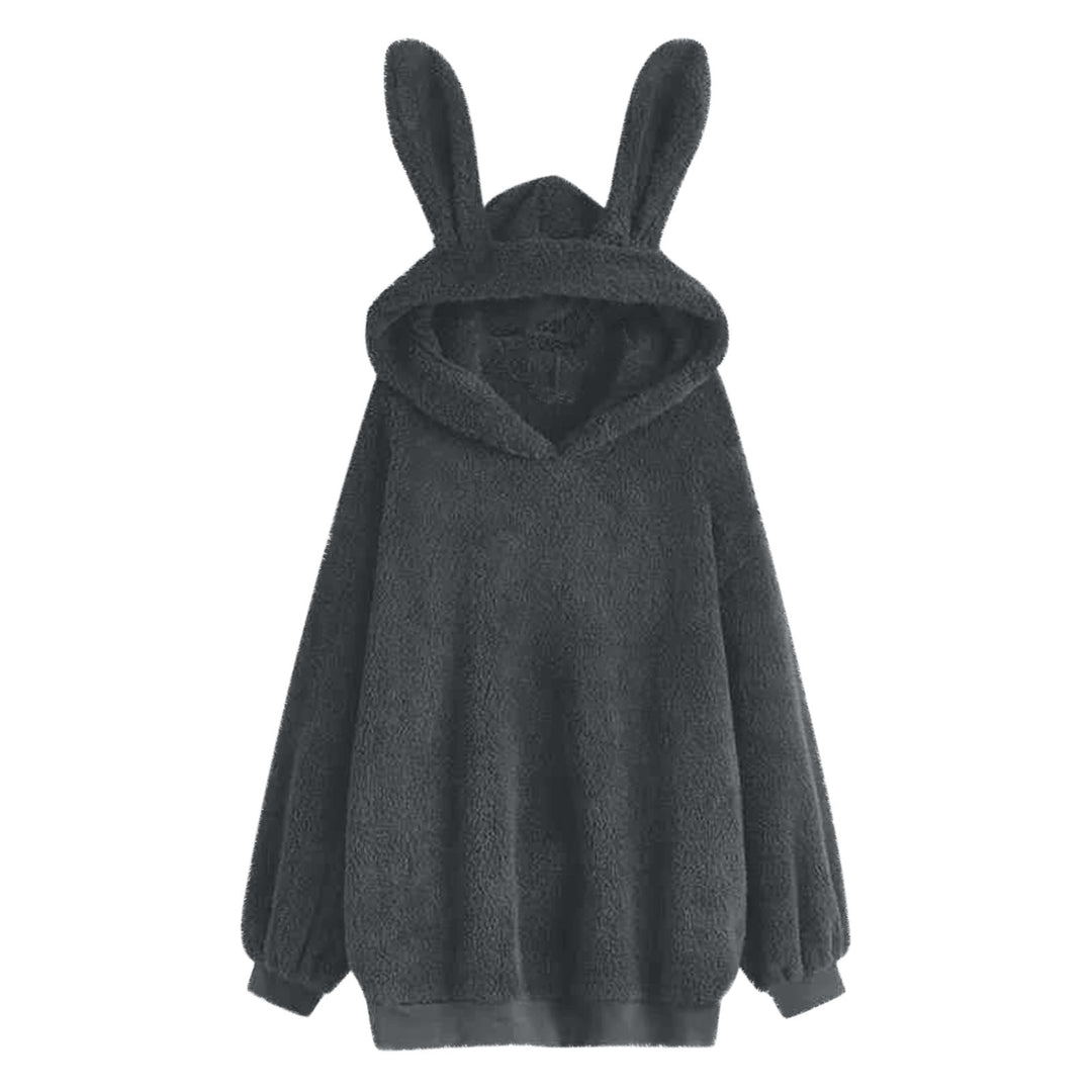 Damen nan flauschiger Oversize-Kapuzenpullover mit langen Hasenohren und gerippten Bündchen EB