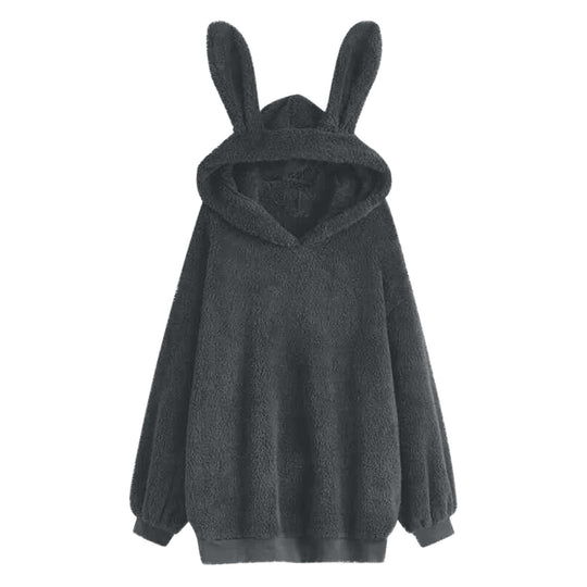 Damen nan flauschiger Oversize-Kapuzenpullover mit langen Hasenohren und gerippten Bündchen EB