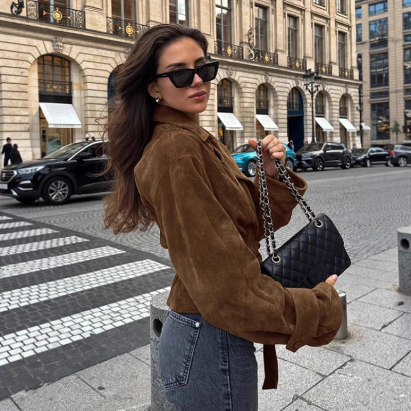 Damen Modische Wildlederjacke mit Gürtel und tailliertem Schnitt EB