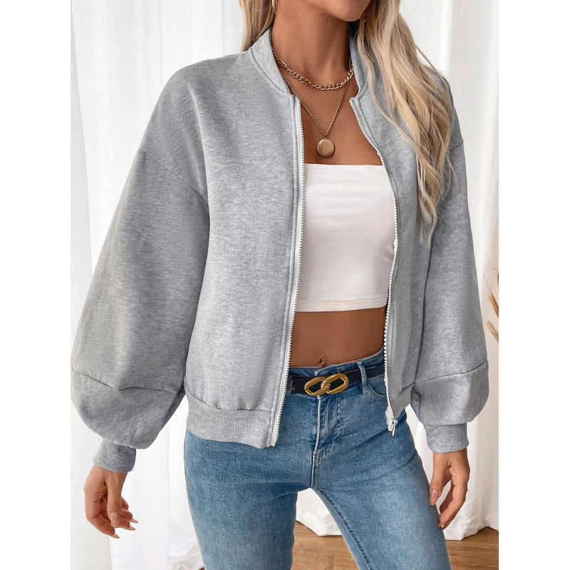 Damen sportliche Sweatjacke mit voluminösen Ärmeln und hohem Kragen EB