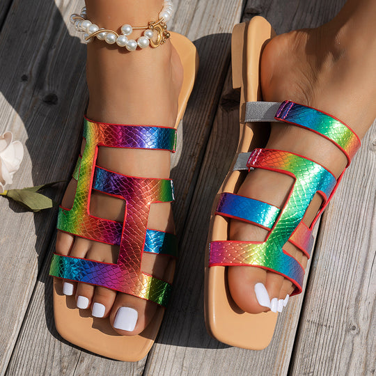 Damen Sommerliche Rutschfeste Sandalen mit Mehrfarbigem Riemen Design EB