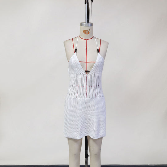 Damen gehäkeltes Strandkleid mit tiefem V-Ausschnitt und herausragenden Details EB