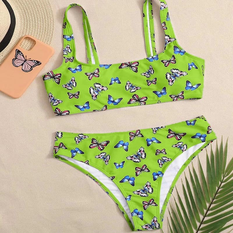 Damen Crop-Bikini-Set mit buntem Schmetterlingsdruck EB