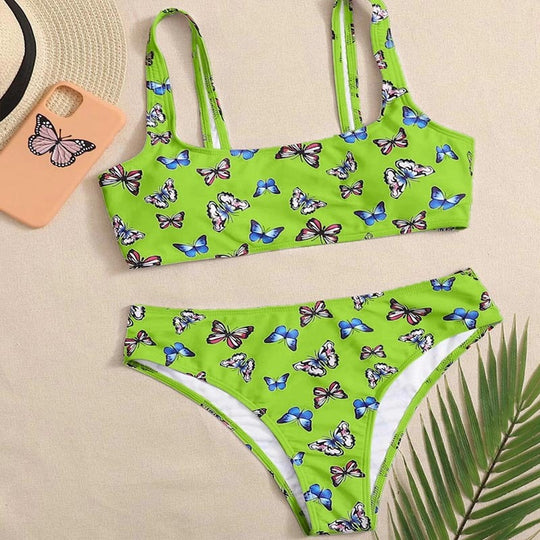 Damen Crop-Bikini-Set mit buntem Schmetterlingsdruck EB