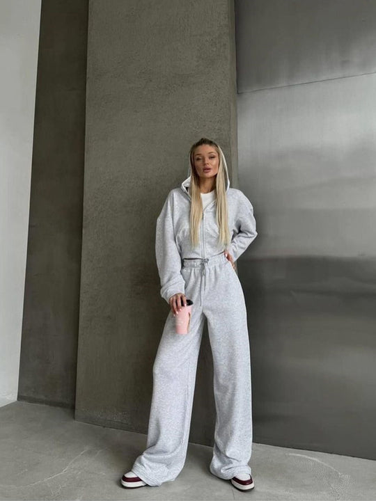 Damen kurzes Reißverschluss-Cropped-Hoodie mit hoher Bund Palazzo-Jogginghose Set EB