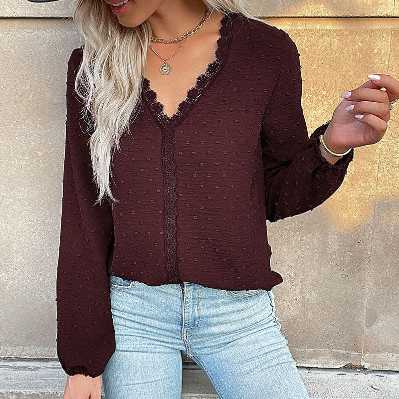 Damen Bluse mit feinen Strukturdetails und romantischem Spitzeneinsatz EB