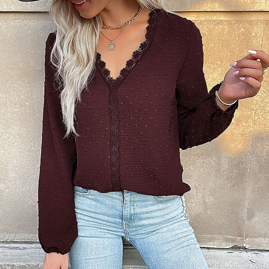 Damen Bluse mit feinen Strukturdetails und romantischem Spitzeneinsatz EB