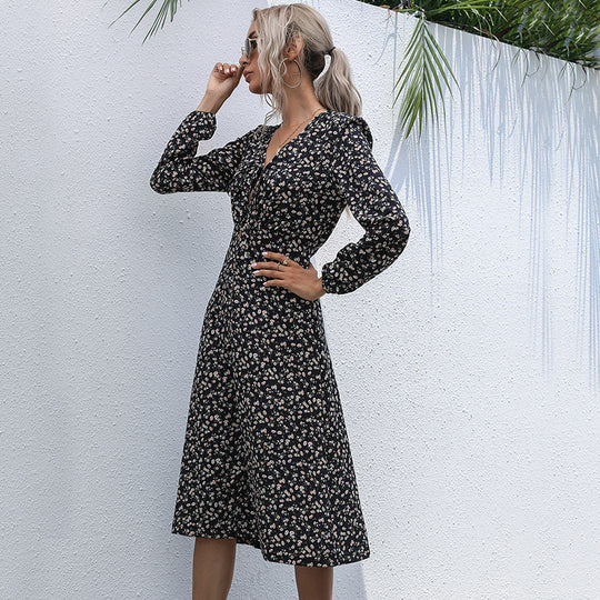 Damen Midi-Kleid mit romantischem Blumenmuster und elegantem Taillengürtel EB