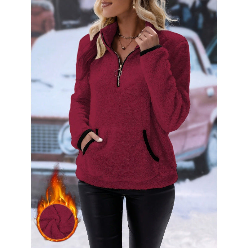 Damen Weicher Teddy-Pullover im lässigen Look mit halben Reißverschluss EB