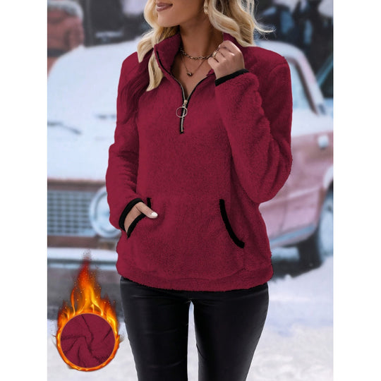 Damen Weicher Teddy-Pullover im lässigen Look mit halben Reißverschluss EB