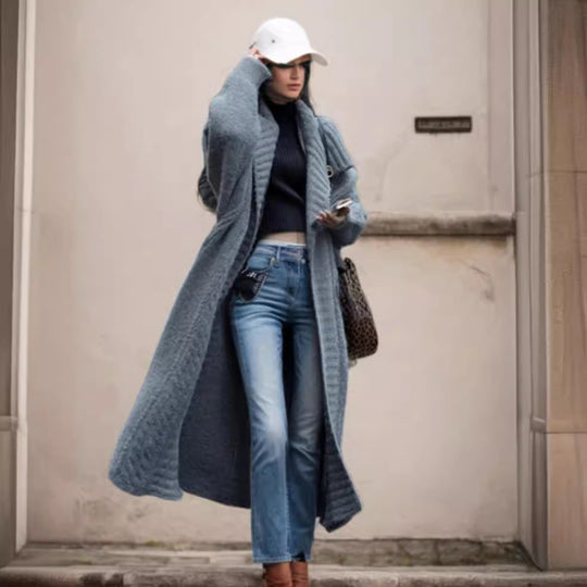 Damen Oversized Strickmantel mit voluminösen Ärmeln und elegantem Revers EB