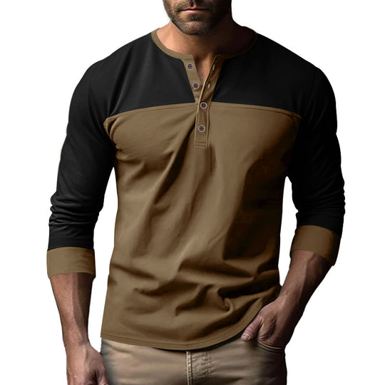 Herren nan langärmeliges Henleyshirt mit Kontrastpasse kurzer Knopfleiste und gerippten Bündchen EB