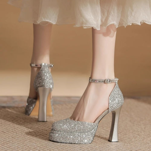Damen Glitzernde Plateau-Pumps mit elegantem Knöchelriemen EB