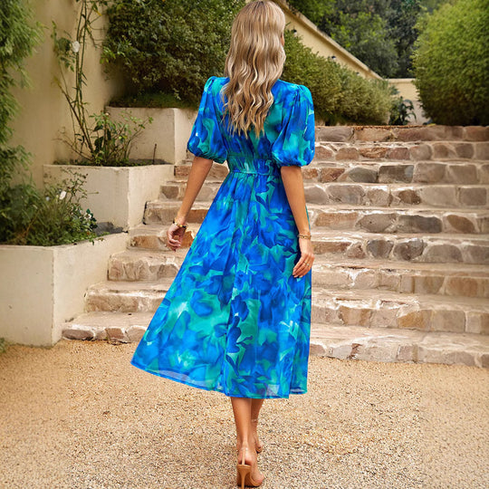 Damen Maxikleid mit Blumenmuster und eleganten Puffärmeln EB