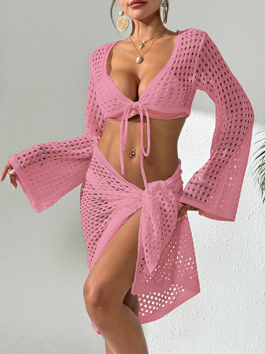 Damen gehäkelter Strandüberwurf mit eleganten Schlagärmel EB