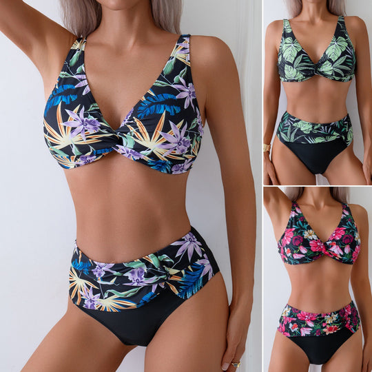 Damen Hochtailliertes Bikini-Set mit modischem Floral-Muster EB