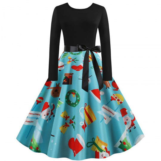 Damen Retro-Festkleid mit kontrastiertem Oberteil, ausgestelltem Tellerrock und Satintaillengürpe EB