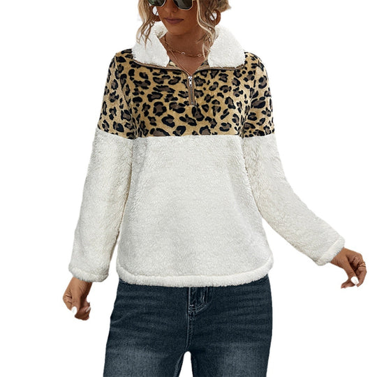 Damen Fleece-Pullover mit Animal-Print und charakteristischem Stehkragen EB
