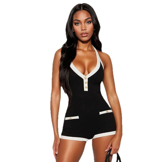 Damen Modischer Overall mit tiefem V-Ausschnitt und Knopfdetails EB