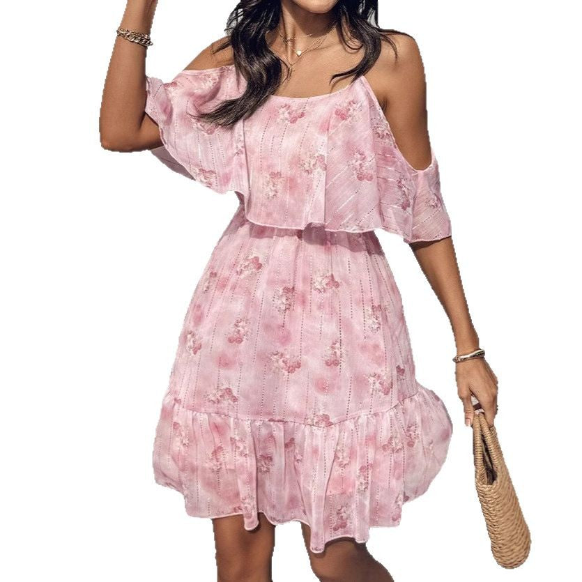 Damen fließendes Sommerkleid mit kaltem Schulterdesign und Rüschendetails EB