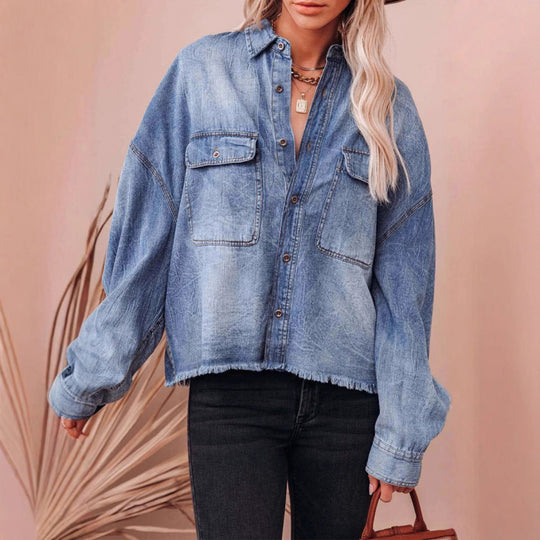 Damen Lässige Denimbluse mit Fransen und aufgesetzten Taschen EB