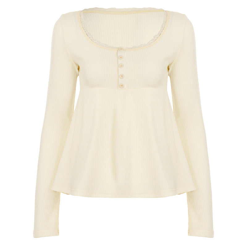 Damen nan geripptes Langarm-Top mit Empire-Taille, zierlicher Knopfleiste und Spitzenbesatz EB