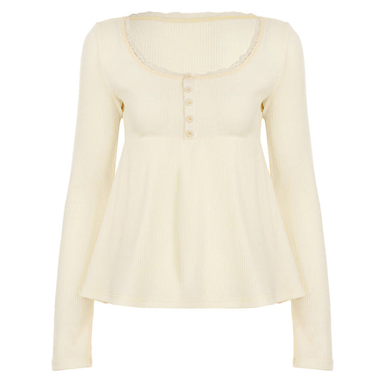 Damen nan geripptes Langarm-Top mit Empire-Taille, zierlicher Knopfleiste und Spitzenbesatz EB