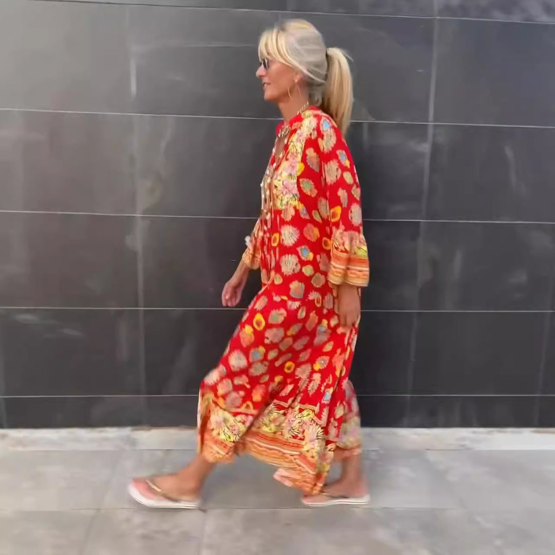 Damen Tunika-Kleid mit fließenden Ärmeln und bunten Mustern Heidi-Mode