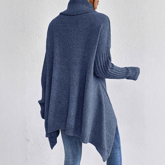 Damen nan Oversize Strickpullover mit hohem Rollkragen, gerippten Ärmeln und asymmetrischem Saum EB
