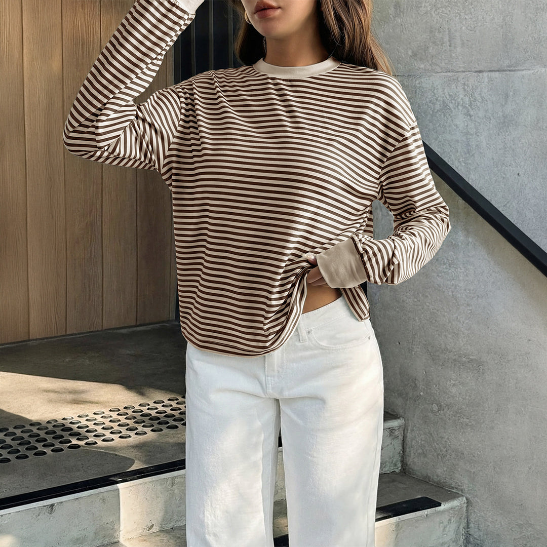 Damen nan lässiges gestreiftes Oversize-Longsleeve mit kontrastierendem Rundhalsausschnitt und verlängertem Rückensaum EB