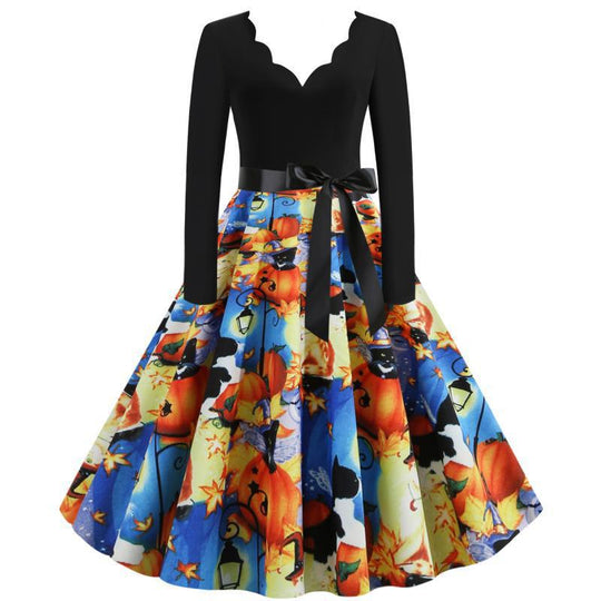 Damen Retro Swingkleid mit gewelltem Ausschnitt, langen Ärmeln und Halloween-Print Tellerrock EB