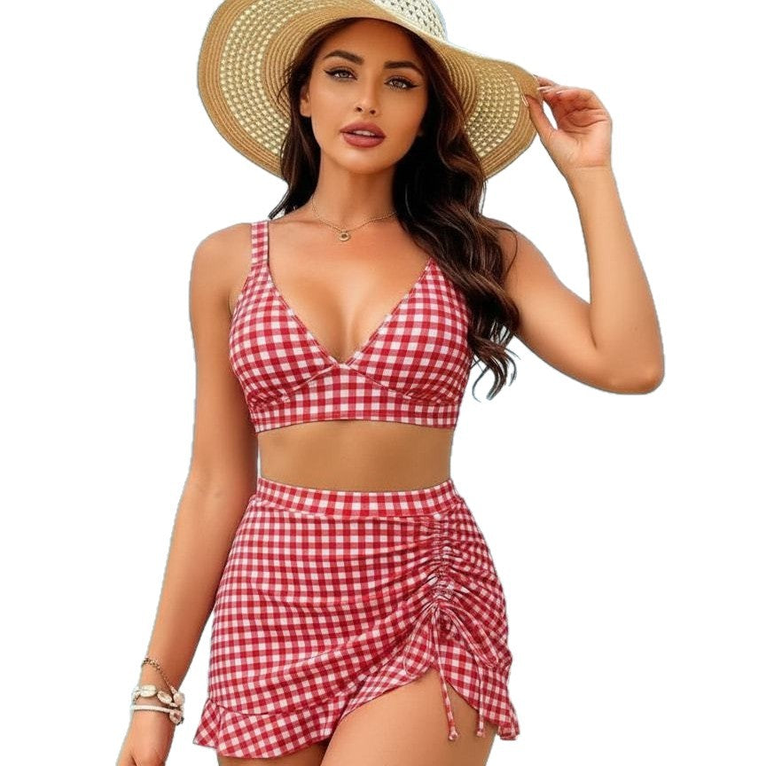 Damen Kariertes Bikini-Set mit verspieltem Rock EB