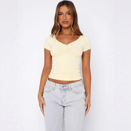 Damen figurbetontes Kurzarm-Top mit Raffung und Zierkante EB
