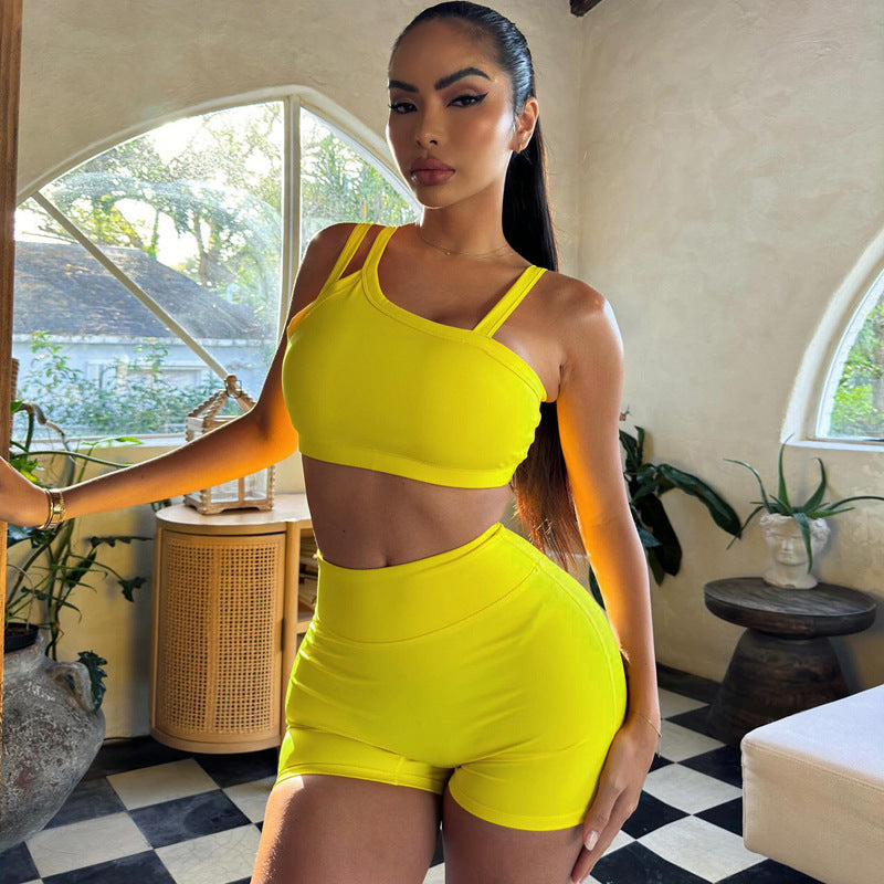Damen Sportliches Crop-Top und High-Waist Short Set EB