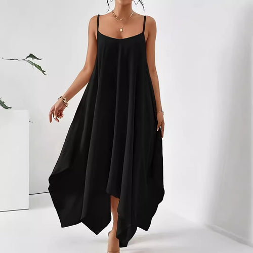 Damen luftiges Maxikleid mit asymmetrischem Saum und feinen Spaghettiträgern EB