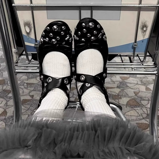 Damen Ballerinas mit modischem Strass-Detail und dekorativem Riemendesign EB