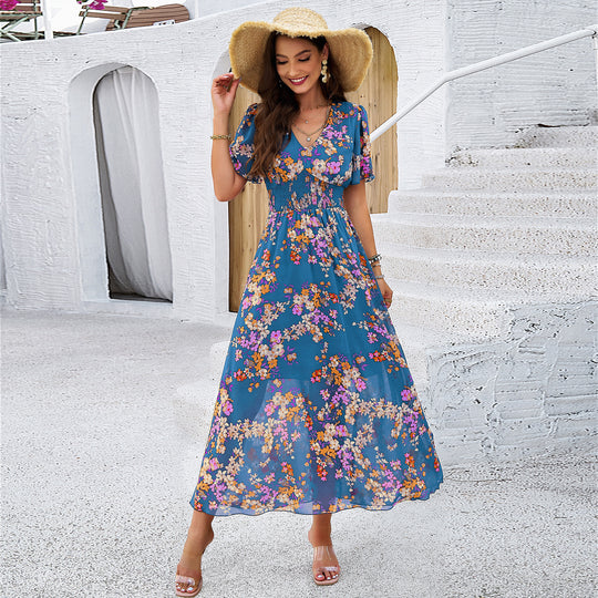 Damen Maxikleid mit schwingendem Rock und romantischem Blumenmuster EB