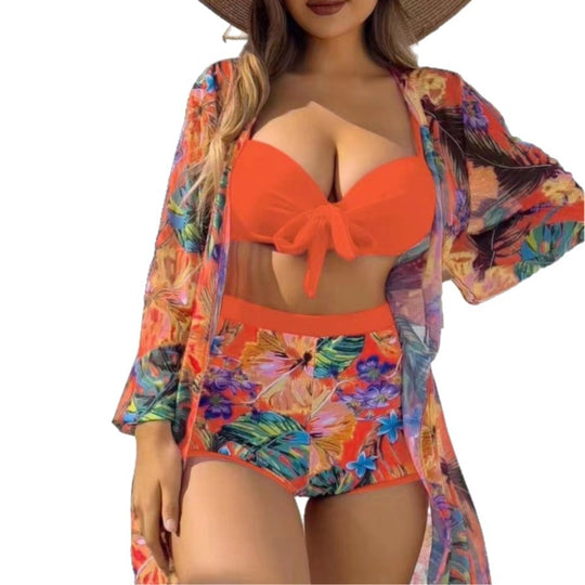 Damen Hochtailliertes Bikini-Set mit floralem Design und Bändchen EB