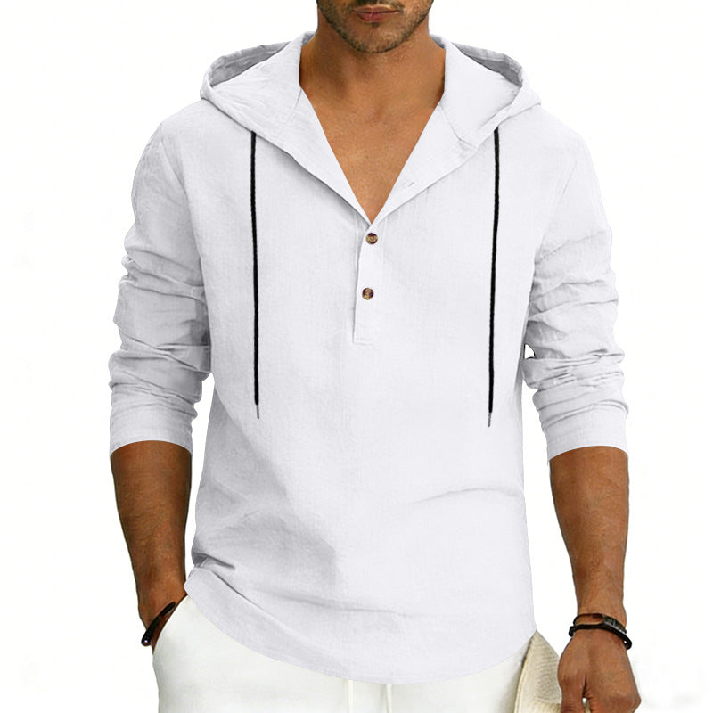 Herren nan Leinen-Henley-Kapuzenhemd mit kurzer Knopfleiste, Kapuze und relaxtem Schnitt EB