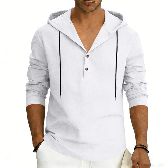 Herren nan Leinen-Henley-Kapuzenhemd mit kurzer Knopfleiste, Kapuze und relaxtem Schnitt EB