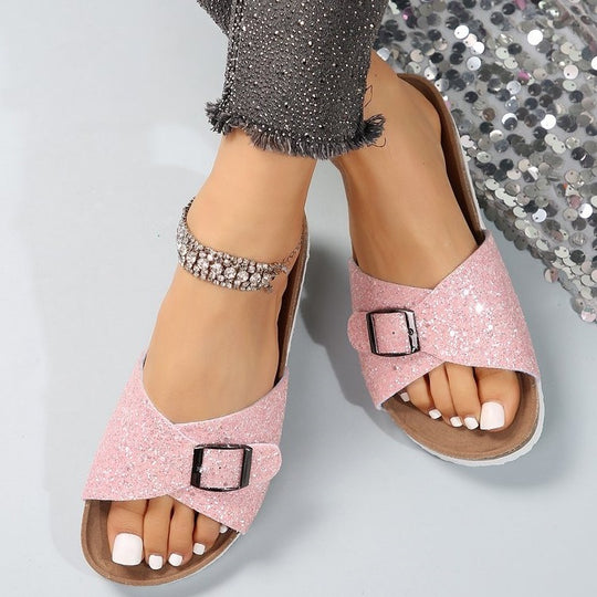 Damen Glitzernde Slides mit verstellbarem Schnallen-Design EB