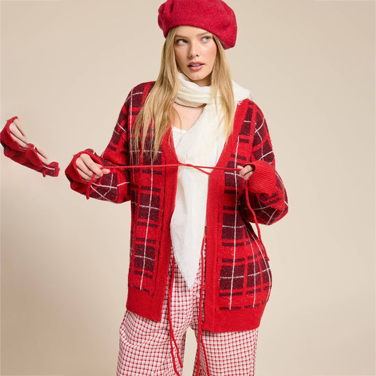 Damen Oversize Karierter Strickcardigan mit Bindegürtel & aufgesetzten Taschen EB