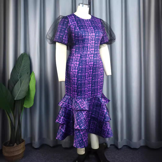 Damen elegantes Abendkleid mit voluminösen Rüschenärmeln und strukturiertem Rock EB