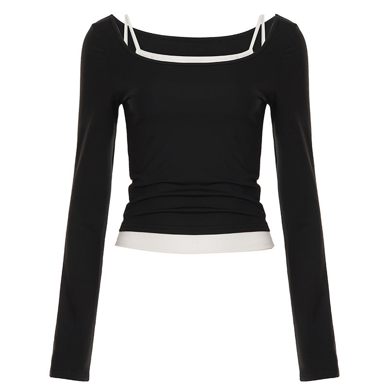 Damen nan tailliertes Longsleeve-Cropped-Top mit eckigem Ausschnitt und doppelten Spaghettiträgern EB