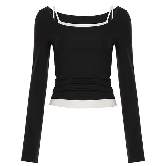 Damen nan tailliertes Longsleeve-Cropped-Top mit eckigem Ausschnitt und doppelten Spaghettiträgern EB