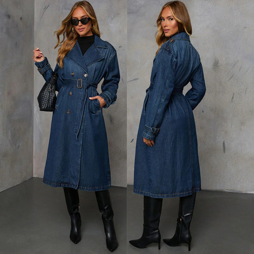 Damen Denim Trenchcoat mit Gürtel und praktischen Taschen EB