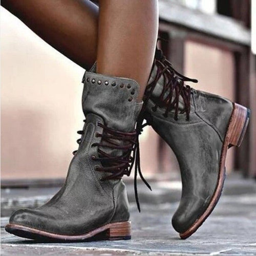 Damen Lederstiefel mit Schnürung und Nieten EB