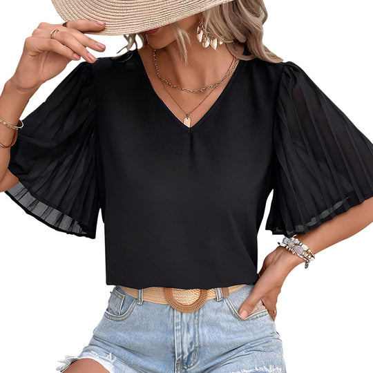 Damen Kurzarm Bluse mit plissierten Ärmeln und V-Ausschnitt EB