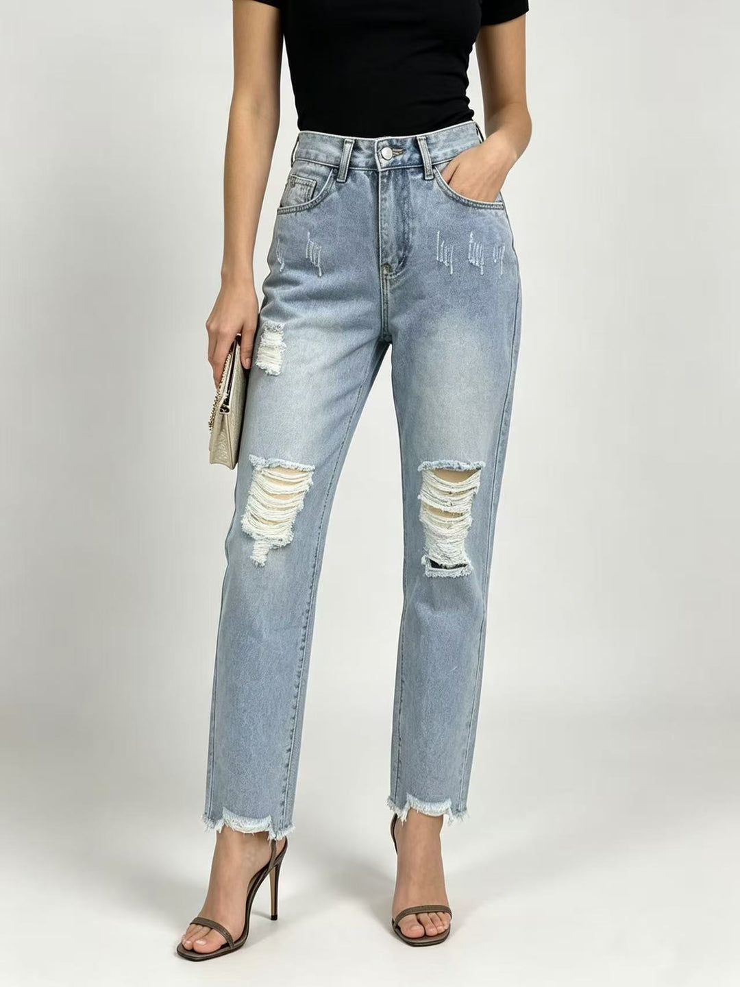 Damen nan hochgeschnittene Straight Leg Jeans mit gezielten Rissdetails und rohem Knöchelabschluss EB