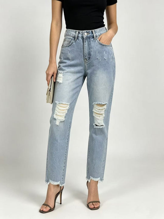 Damen nan hochgeschnittene Straight Leg Jeans mit gezielten Rissdetails und rohem Knöchelabschluss EB